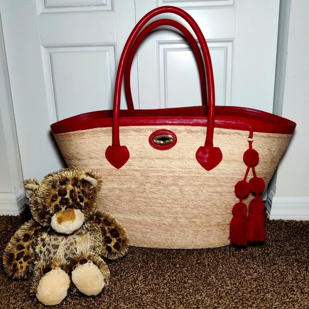 By Del Rio palm leaf handmade, sustainable Red leather handles beach tote bag
